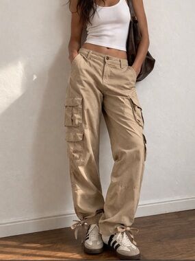 Lauren Ralph Lauren Linen Blend Cargo Pants Beige Utility Y2K Wide Leg 30x32